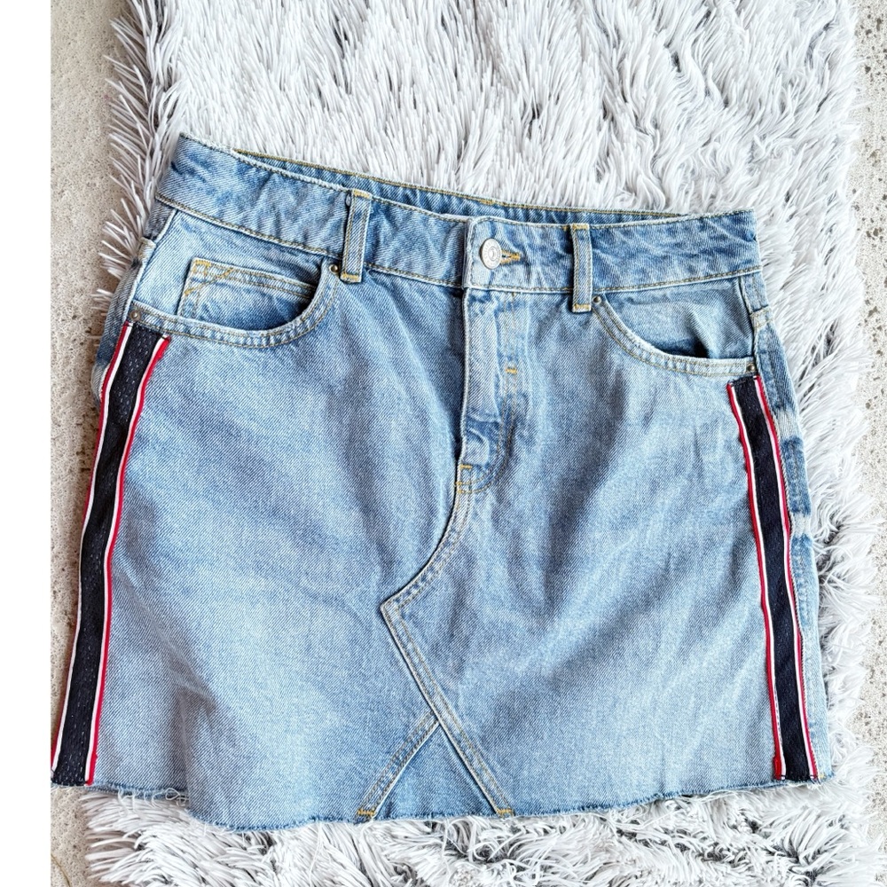 Zara Denim Mini Skirt Faux Asymmetrical Style‎ Side Stripe